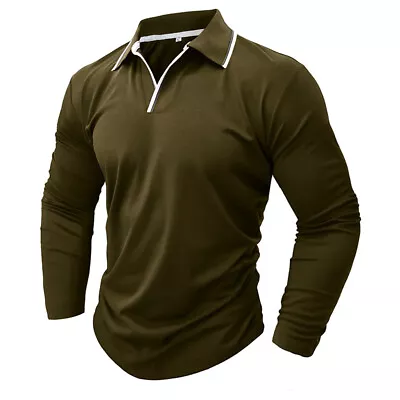 Men Long Sleeve V-Neck Basic Lapel Regular Long Sleeve Tops Fitted T-Shirt Shirt • $19.25