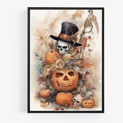 Autumn  Print Poster Skull Flowers Halloween Sign A4 Pumpkin Wall Art UNFRAMED • $4.96