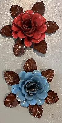 Qty 2 - Metal Rose Flowers One Is Pink And The Other Blue - 4.5 Inch Wide • $5