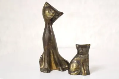 Tall Sitting Kitty Cat Short Little Kitten Tarnished Solid Brass Lot Of 2 • $17.09