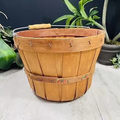 Vintage Bushel Produce Basket Split Slat Wood W/handle Hand Painted Strawberry’s • $26.68