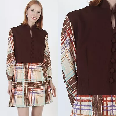 Vtg 70s Shiny Gold Metallic Mini Dress Button Up Disco Dancing Plaid Micro • $53.20