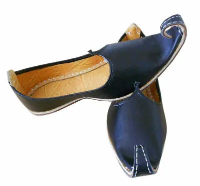 Men Shoes Jutties Indian Handmade Leather Khussa Mojari Loafers Black UK 8-12.5 • £64.76