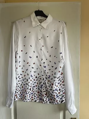 Musto White Butterfly Print Collared Long Sleeve Button-Up Shirt Size 14 • £15