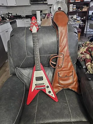 80’s Bradley Japan Flying V Mini Guitar RED W/original JAPAN Stamped Vinyl Case • $350