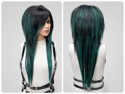 Black Green Mullet Emo Wigs Bangs Highlight Long Full Density Hair Cosplay Goth • $189.49