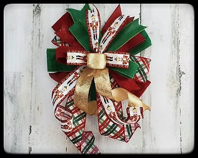 Nutcracker Christmas Bow  Lantern Or Wreath Bow Red And Green Plaid Tree Bow • $19