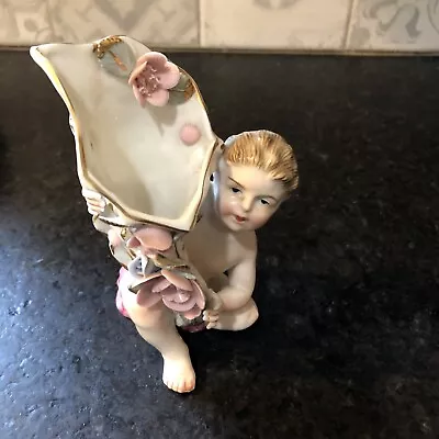 Vintage Ucagco Porcelain 6   Vase Cherub Boy Hand Painted Gold Leafing Figurine • $20