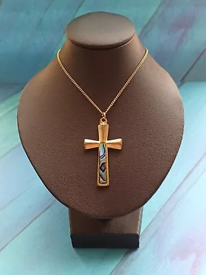 Vintage Style Stamped NS Gold Tone & Abalone Shell Cross Pendant Necklace • £3.99