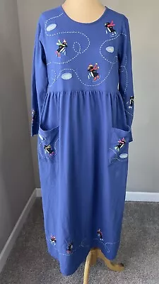 Vintage Michael Simon Penguin Embroidered Blue Cotton Maxi Dress Women's M • $19.99