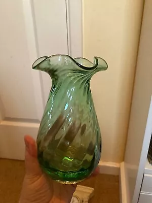 Elegant Green Dartington Glass Vase Fluted Effect With Ruffled Rim. Hand Blown • £14.99