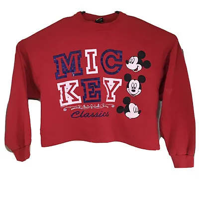 Mickey Mouse Sweatshirt Disney Jerry Leigh Red Crew Neck Cropped Vintage 90's • $21.97