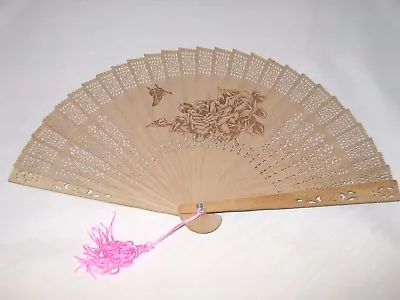 $15 • Buy Chinese Wooden Folding Sandalwood Fan Openwork Flower Design W/ Tassel In Box