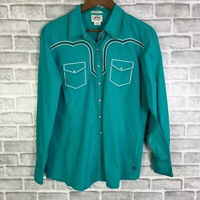 Vintage Ariat Turquoise Embroidered Cross Pearl Snap Western Shirt Womens XL Fit • $36