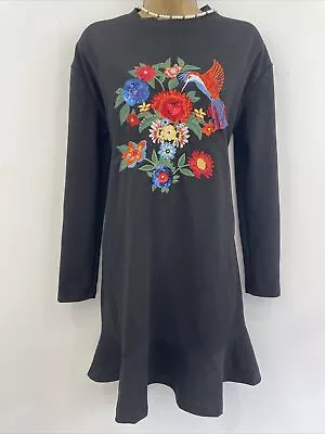 ZARA Jumper Dress Black Embroidered Humming Bird Sequin Uk 12 14 Long Sleeve  • £15