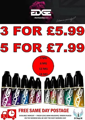 Edge E Liquid 10ml 50VG/50PG Vape Juice Flavours 6/12/18mg UPTO 10% OFF FREEPOST • £7.59