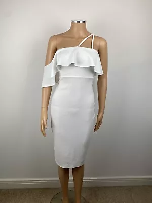 £0.99 • Buy ASOS White Asymmetric Frill Strap Detail Off Shoulder Bodycon Midi Dress Uk 8