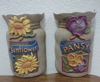 Vintage  Home Interiors Plastic Wall Pocket Flowers Sacks Sunflower & Pansy Pair • $16.99