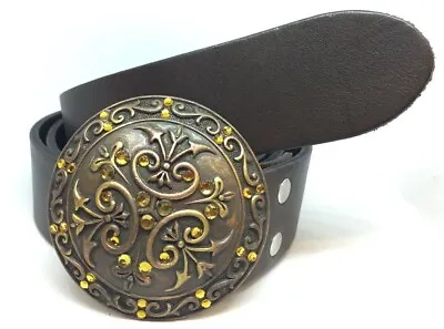 £27.99 • Buy Floral Diamonte Antique Brass Buckle Brown Real Leather Belt 38mm Hand Made J1