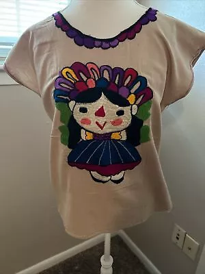 Mexican Shirt Blouse Handmade Embroidered Doll Cotton. Blusa Bordada Beige • $15