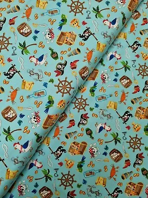 Cotton Fabric Quilting Material Pirate Icons - Pale Blue Makower • £7.95