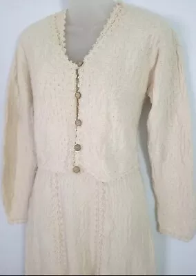 Retro 80's OSCAR HACKMAN Knit Maxi Dress & Cardigan Crochet Ivory Steampunk BoHo • $39.74