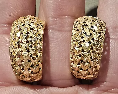 Vtg 14k Yellow Gold Textured Huggie Hoop Earrings Omega Back Signed 8.5g Estate • $439.99