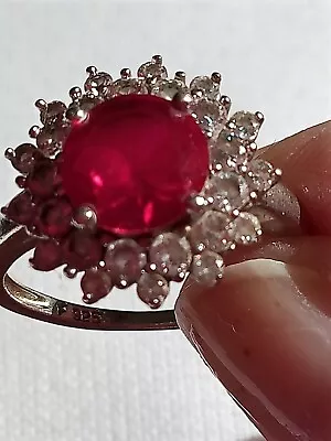 Sparkly Ruby Solitaire Halo Ring Hallmarked DQCZ CZ Stones 4.07gm Size O Boxed • £29.50