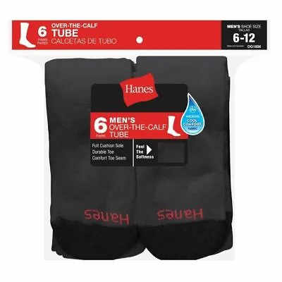 Hanes Men's Over The Calf Tube Socks Black 6 Pack Shoe Size 6-12 • $24.99