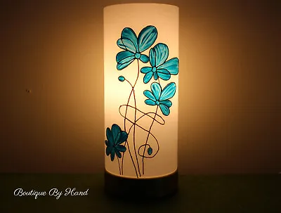 Blue Flowers Touch Table Lamp Hand Painted Unique Great Gift Stained Glass • £70
