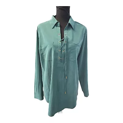 Chico's Women's  Teal Long Sleeve Pockets Collar Lace Up Neck Ties Size 2 NWOT • £38.91