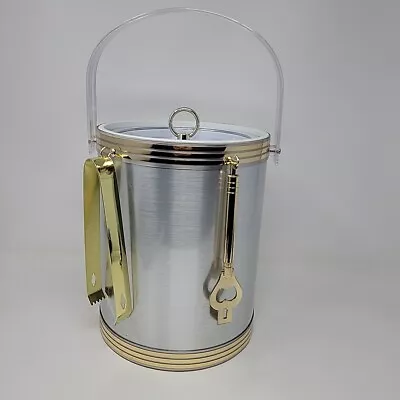 VTG Brushed Two Tone Ice Bucket Clear Lucite Lid Handle Hooks USA Rare Color • $18.49