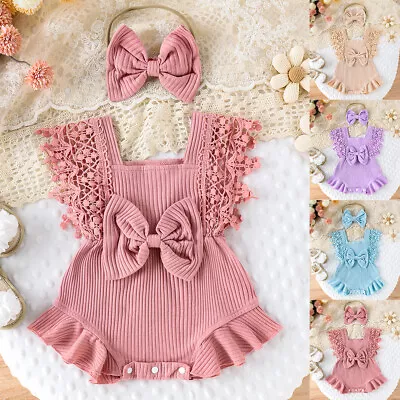 2PCS Newborn Baby Girls Lace Ribbed Bodysuit Romper Headband Outfit Clothes Set • £7.99