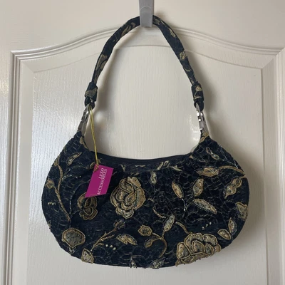 £14.99 • Buy LEKO LONDON BLACK & GOLD SPARKLY DIAMANTE SEQUIN BEADED TAPESTRY BAG Like VTG