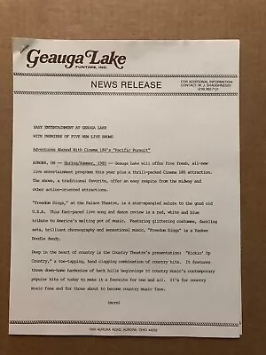 Vintage 1985 GEAUGA LAKE Amusement Park News Release PACIFIC PURSUIT Cinema 180s • $19.99