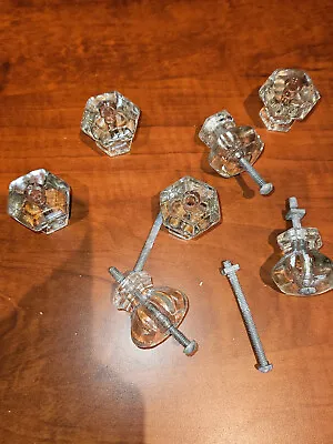 Vintage Lot Of 7 Hexagonal Crystal Glass Drawer Knobs Pulls • $13