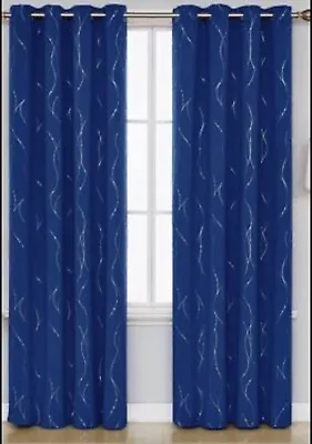 2 Panels 100% Blackout Blue & Silver Metallic Thermal Insulated Curtains Window! • $26.25