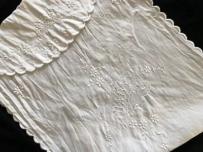 LOVELY Antique BABY Embroidery Linen CRADLE Pram COVERLET All White • $34