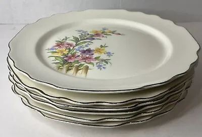 Vtg W S George Lido 9.5” Plates Flowers Fence 167A Set Of 6 Pink Purple USA • $26.24