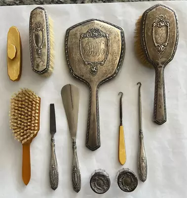 Vintage Vanity Set 11 Piece Mirror Hair Brush Shoe Horn Lace Hook Some Sterling • $20