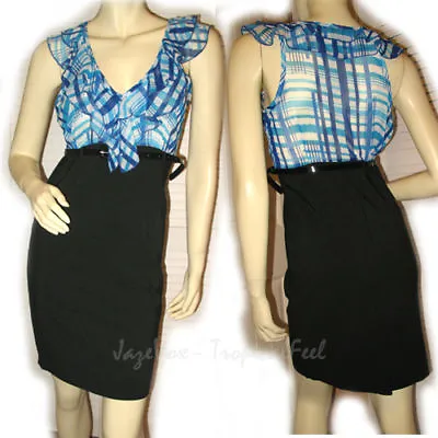 NEW Womens Sleeveless V-Neck Pencil Sheath Dress L Ruffle Check/Plaid Black Blue • £38.01