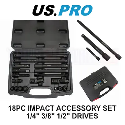 US PRO Tools 18pc Impact Accessory Set 1/4  3/8  1/2  Drives UJ Step Up/Down • £26.88