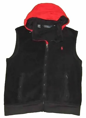 Vtg Polo RALPH LAUREN Men’s Black Hooded Full Zip Fleece Vest XL Zip Pockets • $40