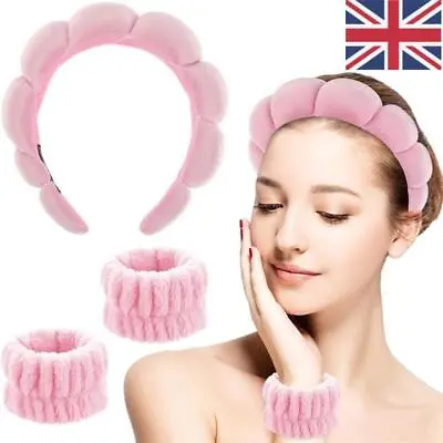 Womens Spa Headband Skincare Hairband Make Up Hair Band Sponge With Wristbands • £5.73