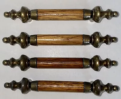 Vintage Set Of 4 Mid Century Brass Wood Insert Cabnet Drawer Pull Hardware • $18.95