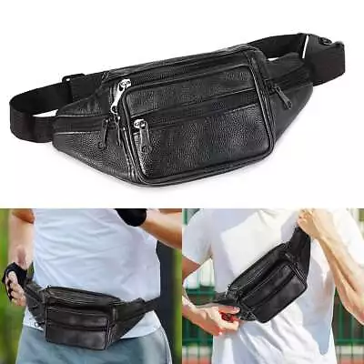 Genuine Leather Fanny Pack Multi Zippered Waist Bag Hip Belt Purse Pouch Black • $8.09