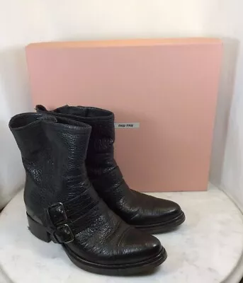 MIU MIU Bisonte Black Pebble Leather Moto Mid Calf Boots Size 38.5 W/ Box • $125