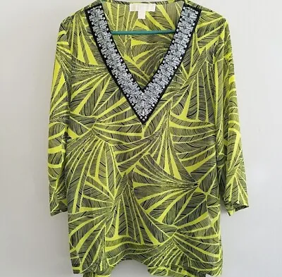 Michael Kors Beaded Sheer Chiffon Tunic Top Blouse Green Black Artsy Womens Sz M • $19.22