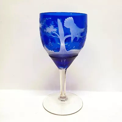 Moser Birds Of The Wild Glass Cobalt Blue Cut To Clear Wine Cordial Czech 5.25  • $120