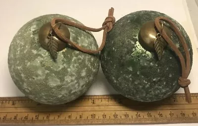 2 Pieces Moss Green Blown Glass Hanging Ornaments Leather • $15